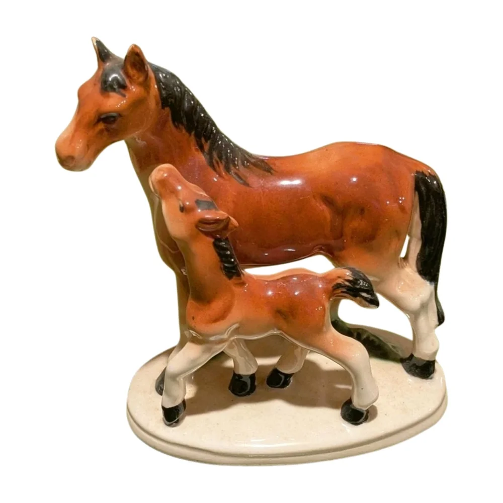 Vintage Horse Figurine Mare And Foal Ceramic Base 7” X 6”